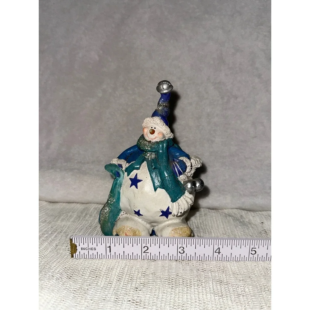 Adorable Christmas Snowman Figurine Blue Stars Scarf Bells‎ Festive Decor